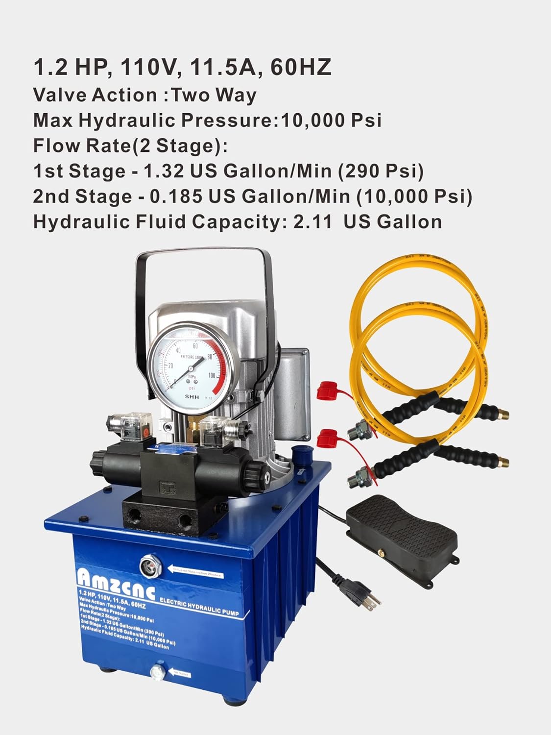AMZCNC - Bomba hidráulica eléctrica bidireccional (2 etapas, doble acción, 110 V, 10 kpsi (10000 psi)