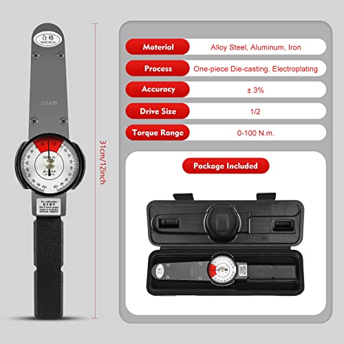 LOYALHEARTDY Llave dinamométrica 0-100N.m Indicador de dial Llave dinamométrica Medidor de esfuerzo de torsión de precisión 1/2 unidad indicadora Torquímetro Probador de fuerza de par