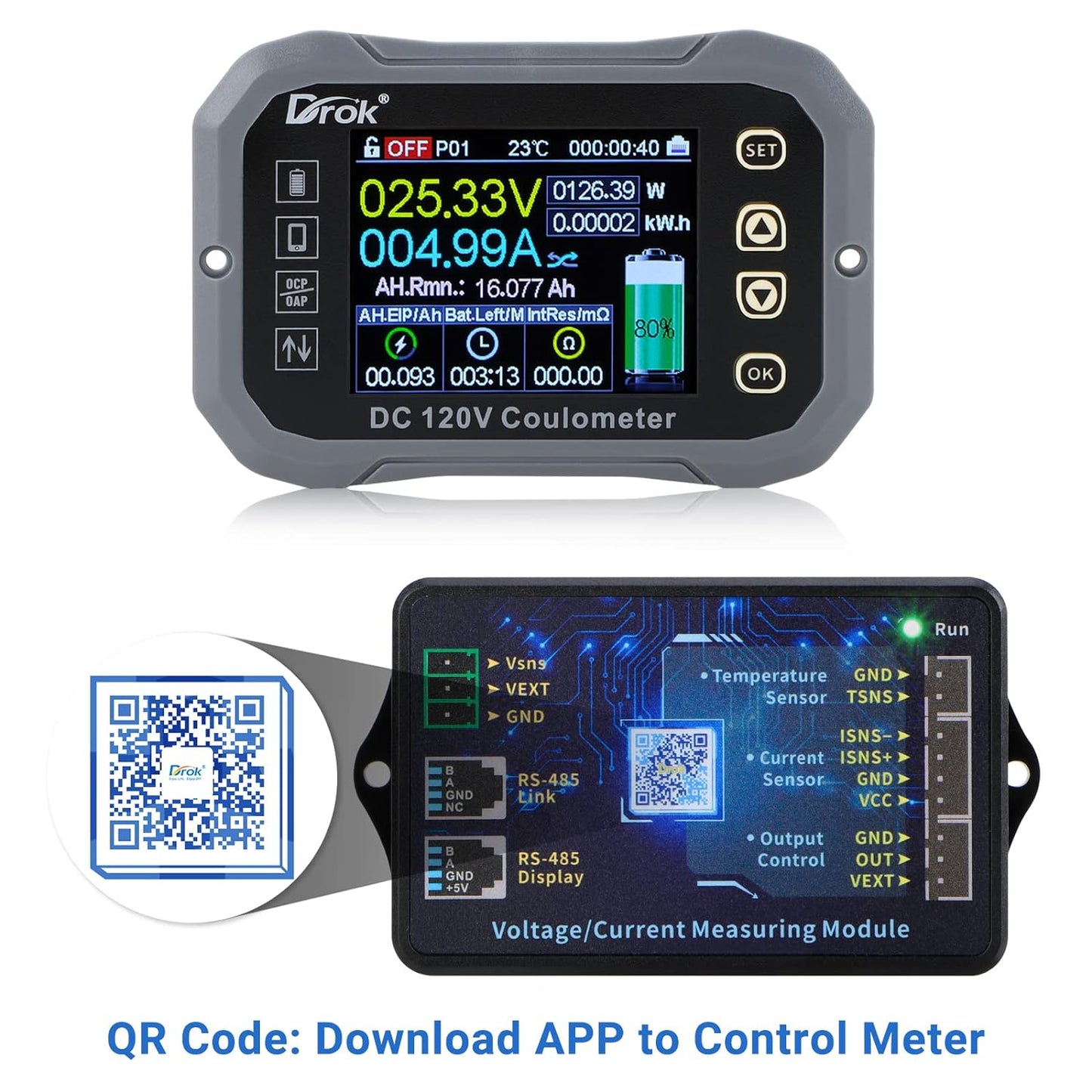 DROK - Multímetro de carga y descarga, 0-120 V 100 A CC voltímetro acoplador, control de aplicación de teléfono celular, monitor de batería LCD, voltaje, temperatura, capacidad de potencia, monitor de