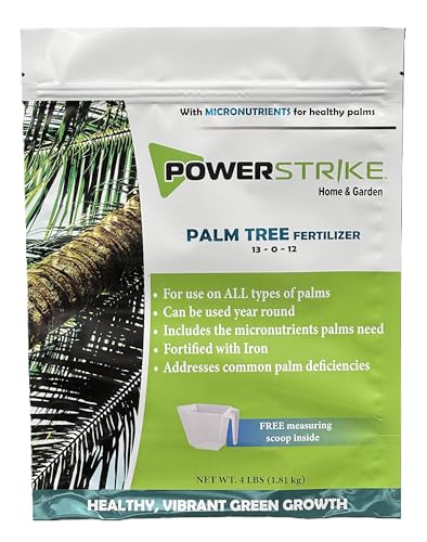 Fertilizante de palmera Power Strike (4 libras) con cuchara de medición gratuita. Fortificado con hierro (Fe). Formulado para abordar las deficiencias comunes de la palma. Incluye micronutrientes 93330