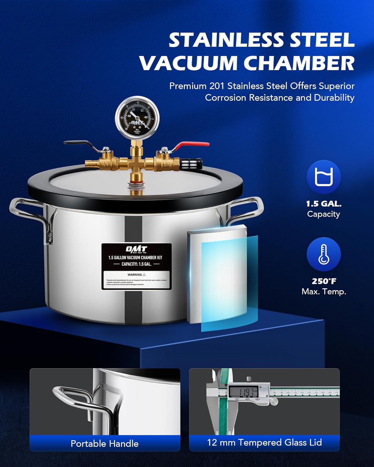 Orion Motor Tech Cámara de vacío de 3 galones con kit de bomba, bomba de vacío de 3.5 cfm y kit de cámara con tapa de vidrio templado manguera de 5 pies, kit de cámara de desgasificación al vacío para