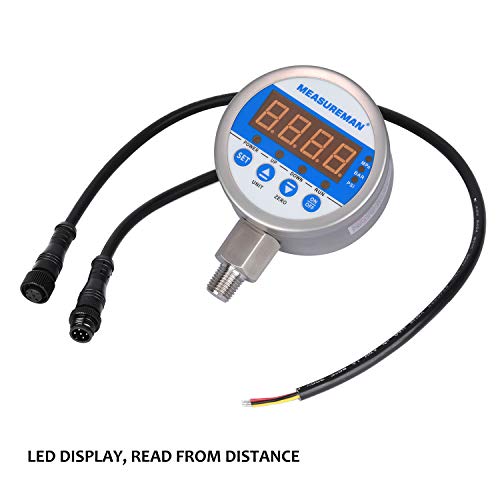 MEASUREMAN Control de presión digital industrial de acero inoxidable de 3-1/8 pulgadas, interruptor de presión, montaje inferior NPT de 1/4 pulgadas, 0-230 psi, 110 VAC, 0.5% de precisión, pantalla LED