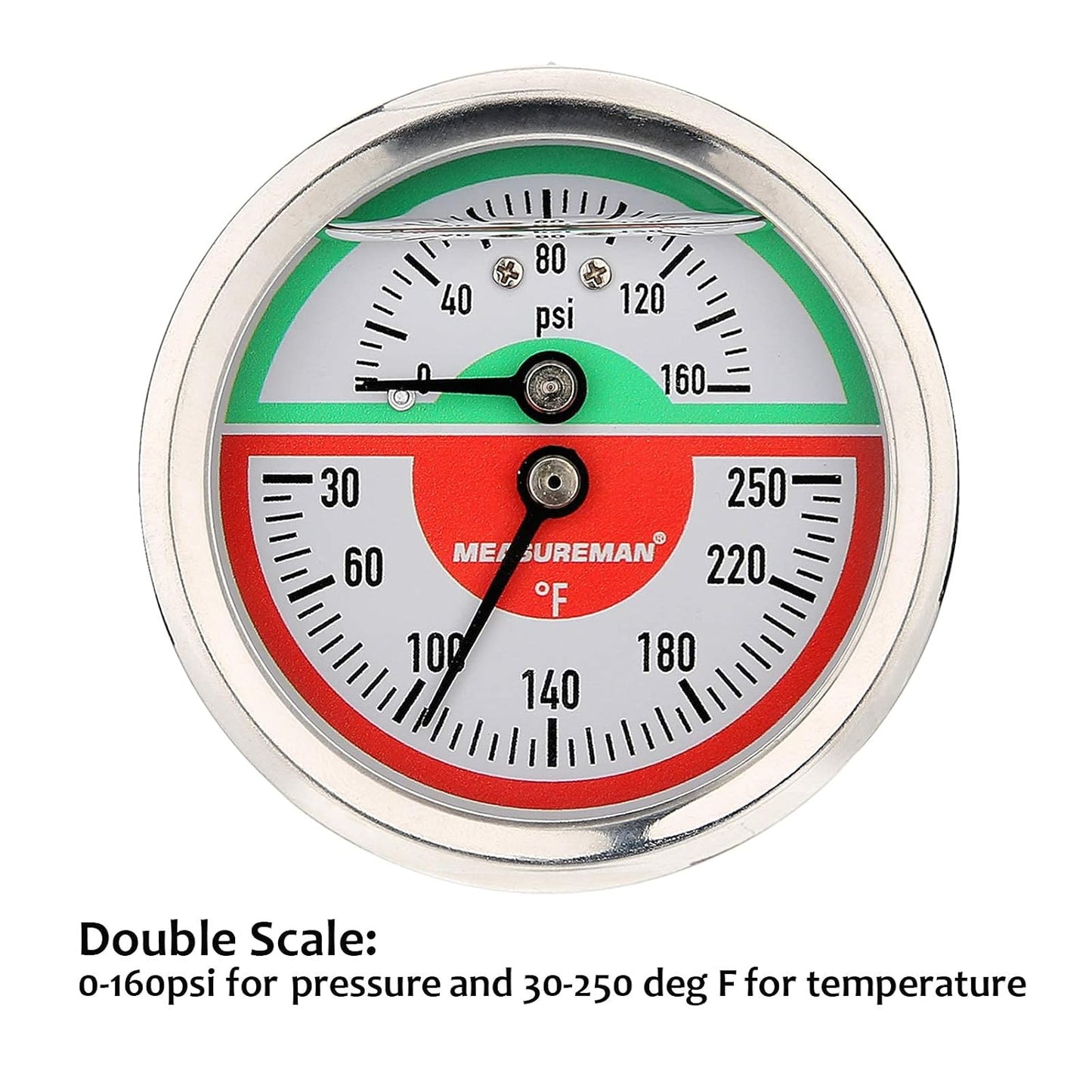 Measureman Tridicador, termo-manómetro, 2-1/2 pulgadas, relleno de aceite de silicona, 0-160 psi/30-250 grados F, caja de acero inoxidable, medidor de presión de montaje inferior NPT de 1/4 pulgadas