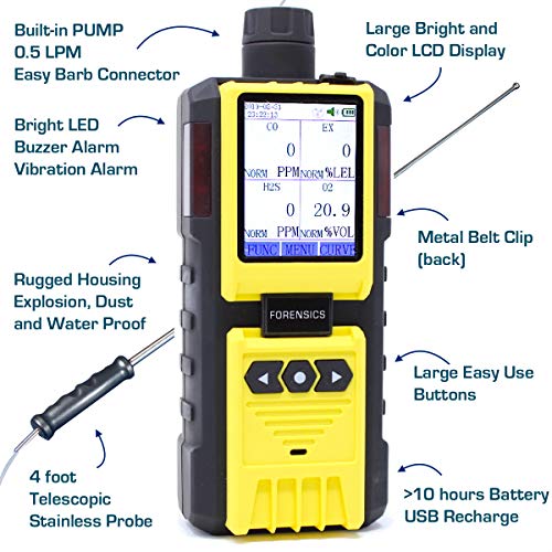 4 monitores de gas de Forensics | medidor de gas múltiple de bomba integrada | O2, CO, H2S, LEL | visualización a color y gráficos | calibración NIST de Estados Unidos FD-600-4GAS