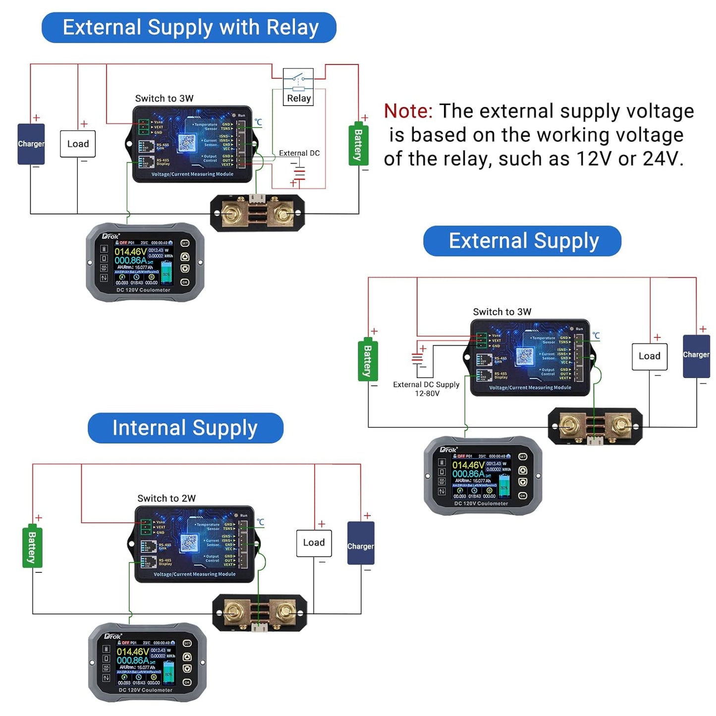 DROK - Multímetro de carga y descarga, 0-120 V 100 A CC voltímetro acoplador, control de aplicación de teléfono celular, monitor de batería LCD, voltaje, temperatura, capacidad de potencia, monitor de