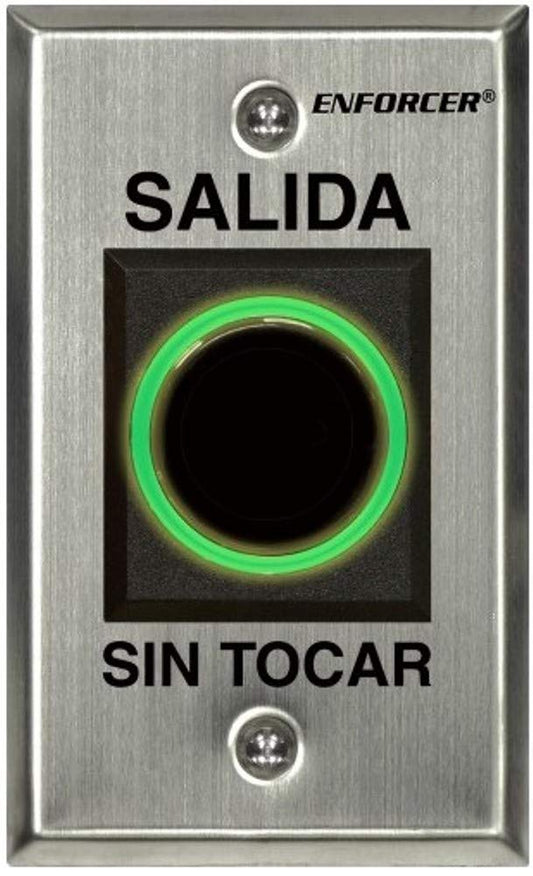 Seco-Larm SD-927PKC-NSQ ENFORCER "No Touch" RTE Sensor IR, placa de una sola banda de acero inoxidable con mensaje en español, rango ajustable de 23/8"-8" (6~7.9 in), "Salida SIN TOCAR" impreso en la placa