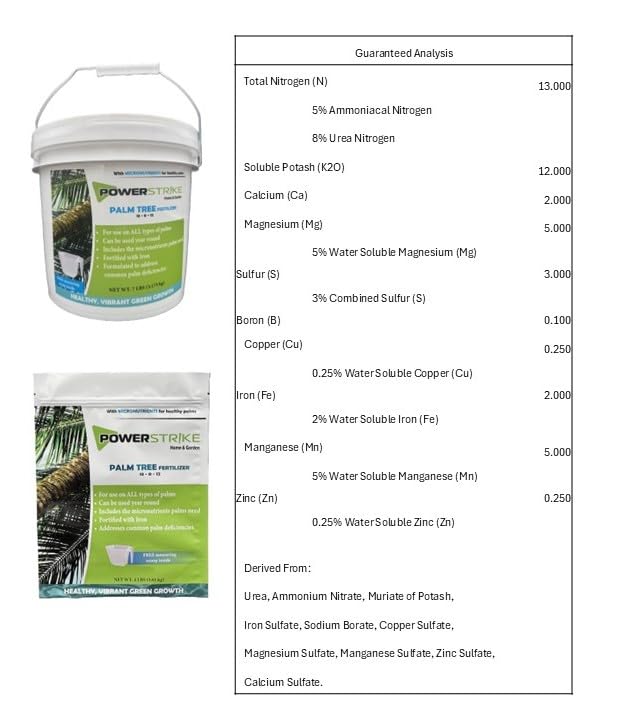 Fertilizante de palmera Power Strike (4 libras) con cuchara de medición gratuita. Fortificado con hierro (Fe). Formulado para abordar las deficiencias comunes de la palma. Incluye micronutrientes 93330