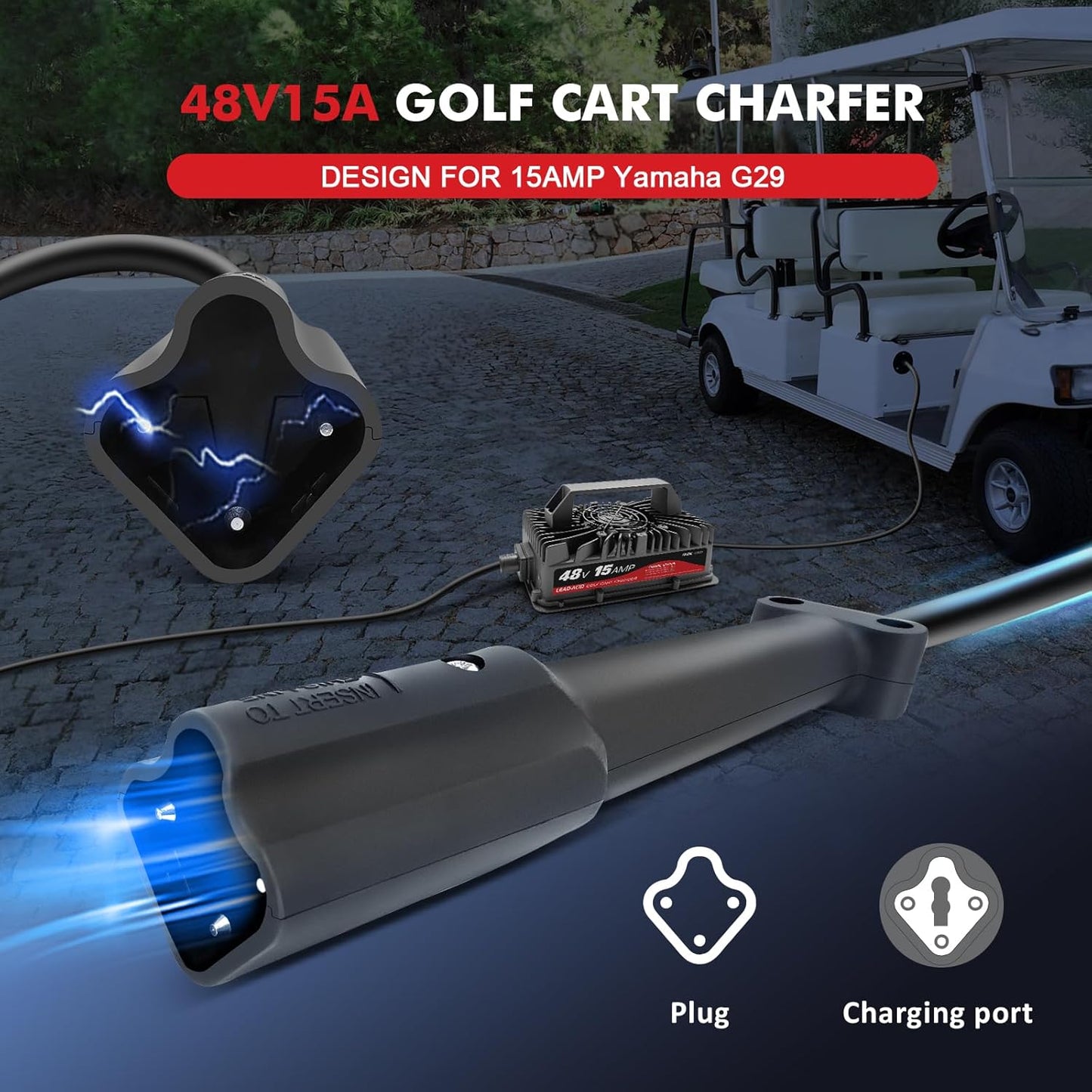 Cargador de carrito de golf de 15 amperios para EZGO y TXT de 48 voltios con enchufe Delta-Q de 3 pines