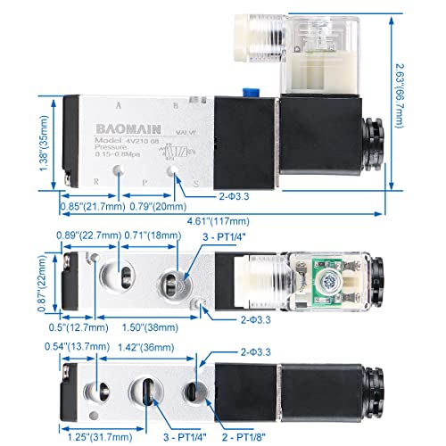 Baomain Válvula solenoide neumática 4V210-08 DC 24V 3 espacio 2 posiciones 5 vías triple silenciadores Quick Fittings Base Set. 4V210-08 -3p 24VDC