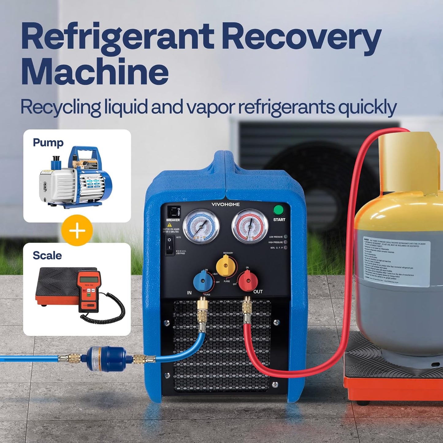 VIVOHOME R1234yf R32 3/4 HP Máquina de recuperación de refrigerante portátil sin aceite, unidad de reciclaje de freón HVAC para refrigerante líquido de vapor, aire acondicionado de coche