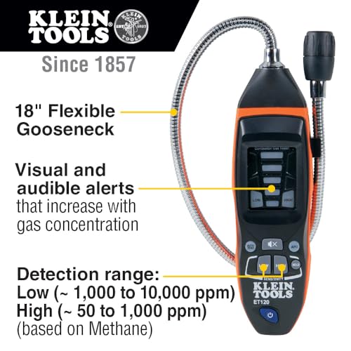 Klein Tools Detector de fugas de gas ET120, probador de fugas de gas combustible con cuello de cisne de 18 pulgadas tiene un rango de 50 a 10,000 ppm, incluye bolsa, baterías
