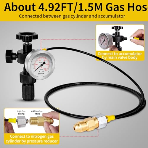Kit de carga de acumulador de nitrógeno hidráulico, sistema de prueba de presión, kit de llenado de nitrógeno, herramientas de carga de gas con 3 indicadores (1500, 3500, 6000 PSI), 8