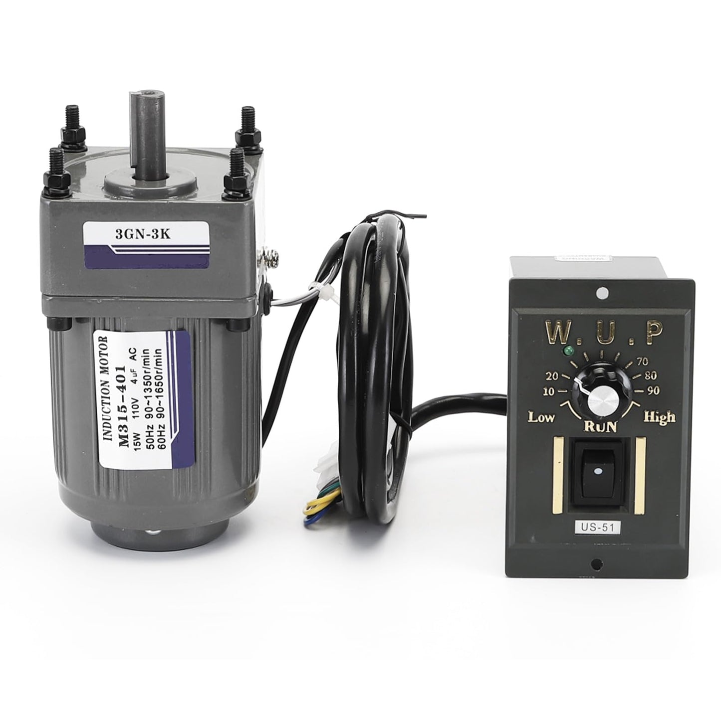 Motor de CA de 110 V + driver de velocidad + caja de engranajes, motor eléctrico monofásico de 15 W con caja de cambios, motor de velocidad variable de 0-450 RPM, motor de engranaje reversible con