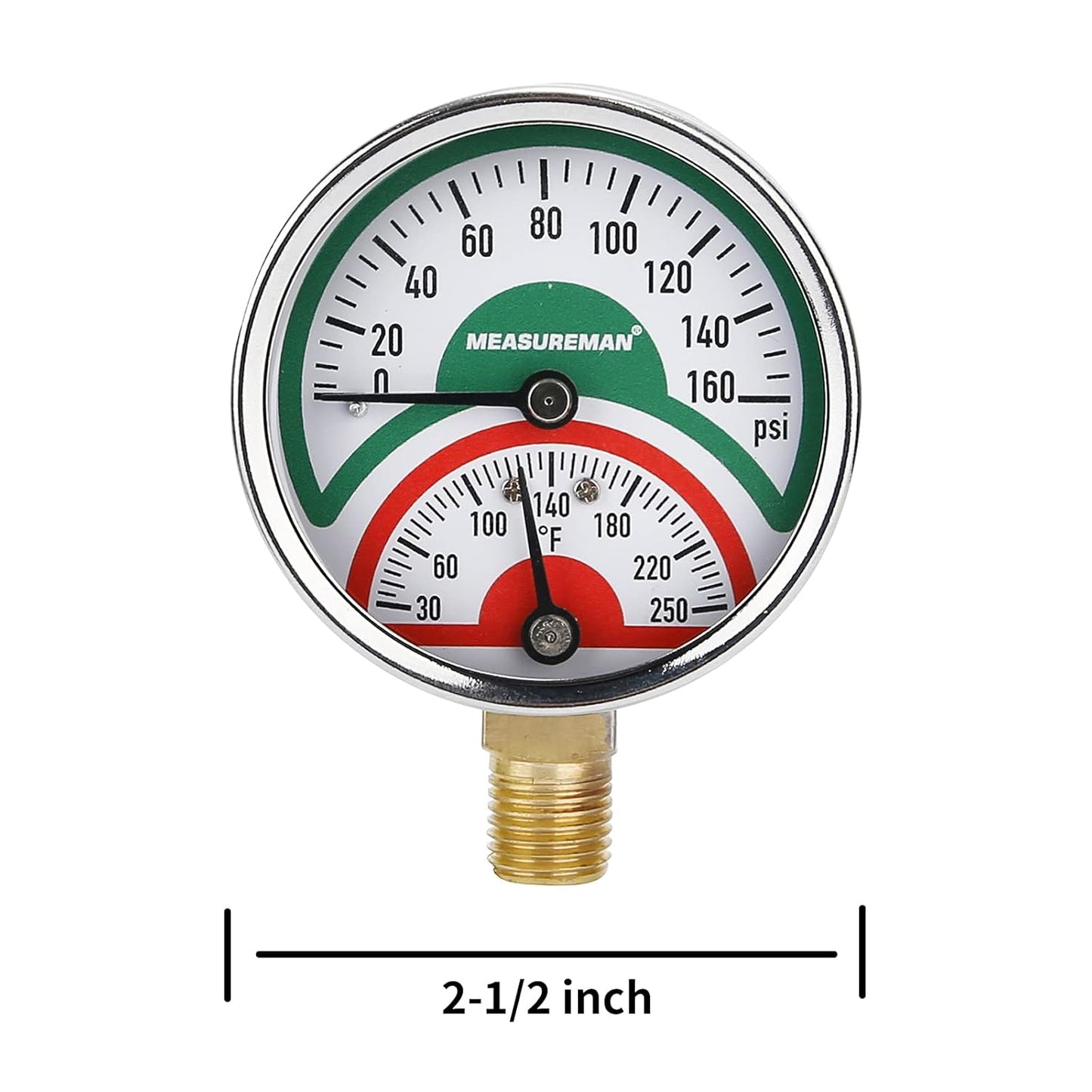 Measureman Tridicador, termo-manómetro, 2-1/2 pulgadas, relleno de aceite de silicona, 0-160 psi/30-250 grados F, caja de acero inoxidable, medidor de presión de montaje inferior NPT de 1/4 pulgadas