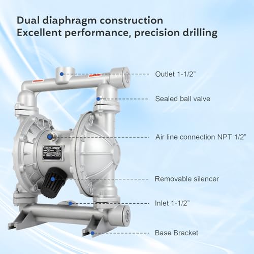 Air Operated Double Diaphragm Pump 1-1/2 inch Inlet & Outlet, 44GPM, Max 115PSI Air Waste Oil Pneumatic Transfer Pump with 2 Extra Diaphragms, for laboratory dosing, diesel fuel transfer #147144