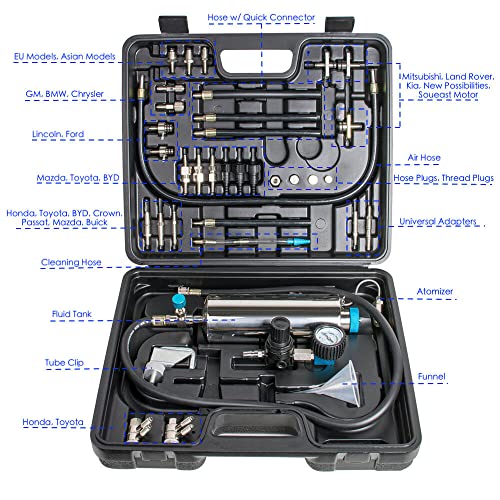 Kit limpiador de inyector de combustible sin desmontaje, probador de inyector sin desmontaje, juego de herramientas de limpieza de sistema de combustible para automóvil, 145PSI para automóviles de