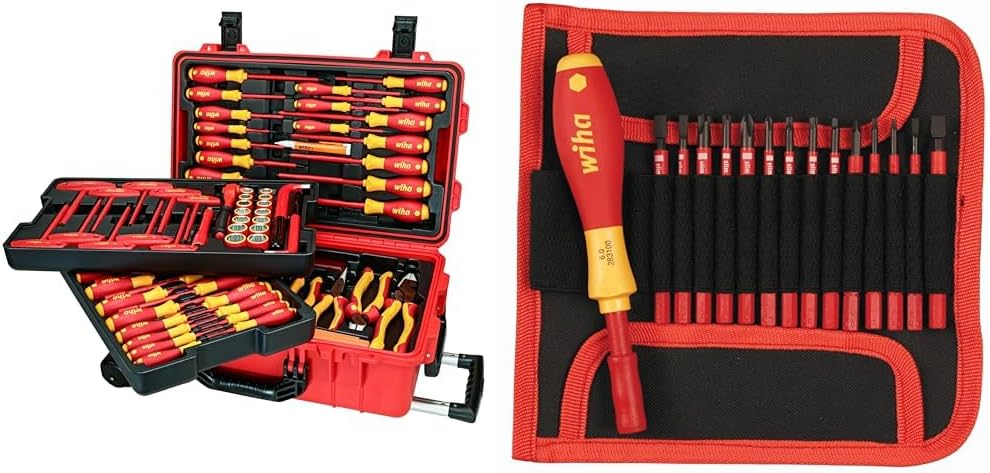 Wiha 32800, juego de herramientas aisladas con desarmadores, llaves para tuercas, pinzas, cortadoras, cuchillos y dados en bolsa de herramientas desplegable, 80 unidades