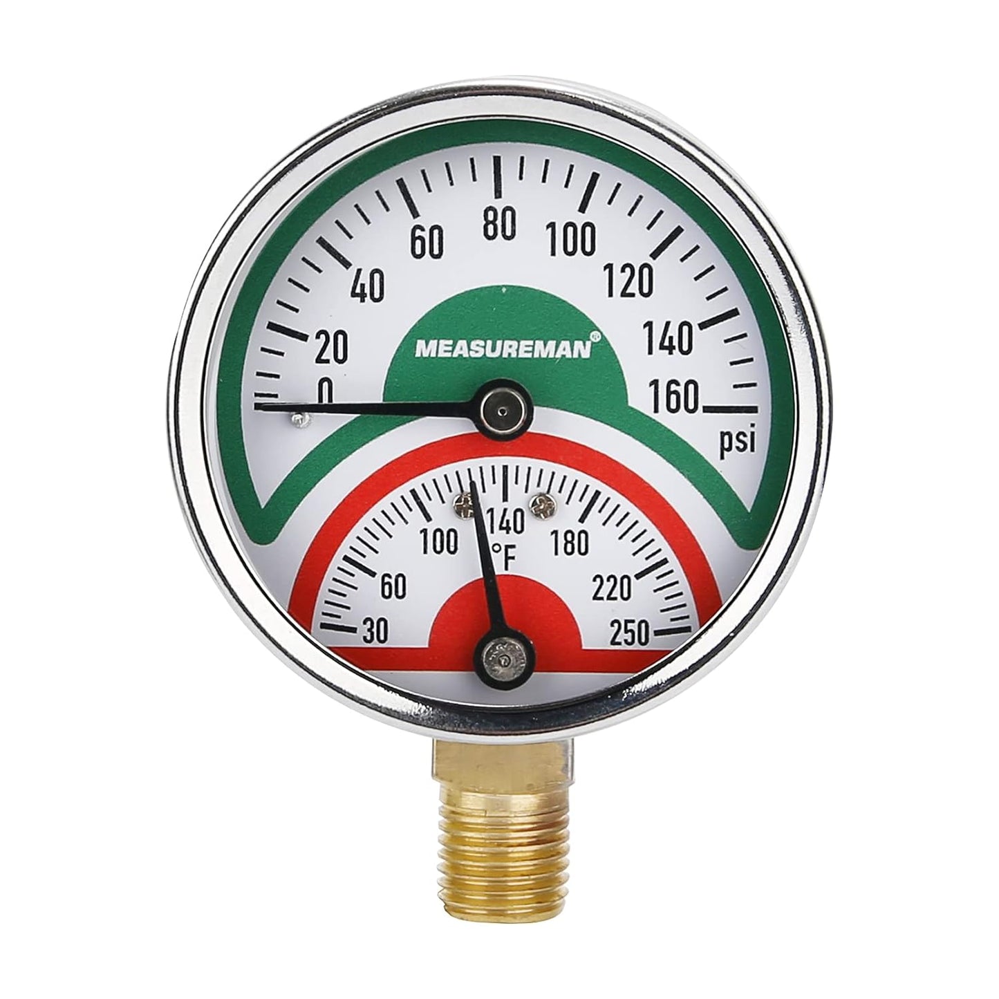 Measureman Tridicador, termo-manómetro, 2-1/2 pulgadas, relleno de aceite de silicona, 0-160 psi/30-250 grados F, caja de acero inoxidable, medidor de presión de montaje inferior NPT de 1/4 pulgadas