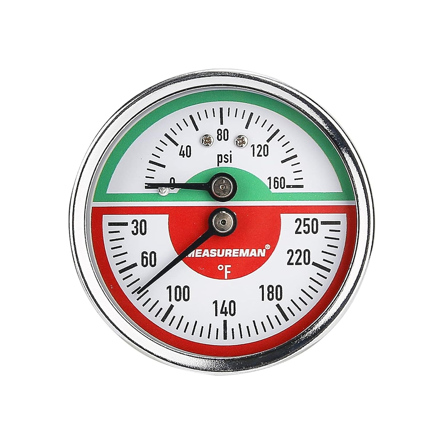 Measureman Tridicador, termo-manómetro, 2-1/2 pulgadas, relleno de aceite de silicona, 0-160 psi/30-250 grados F, caja de acero inoxidable, medidor de presión de montaje inferior NPT de 1/4 pulgadas