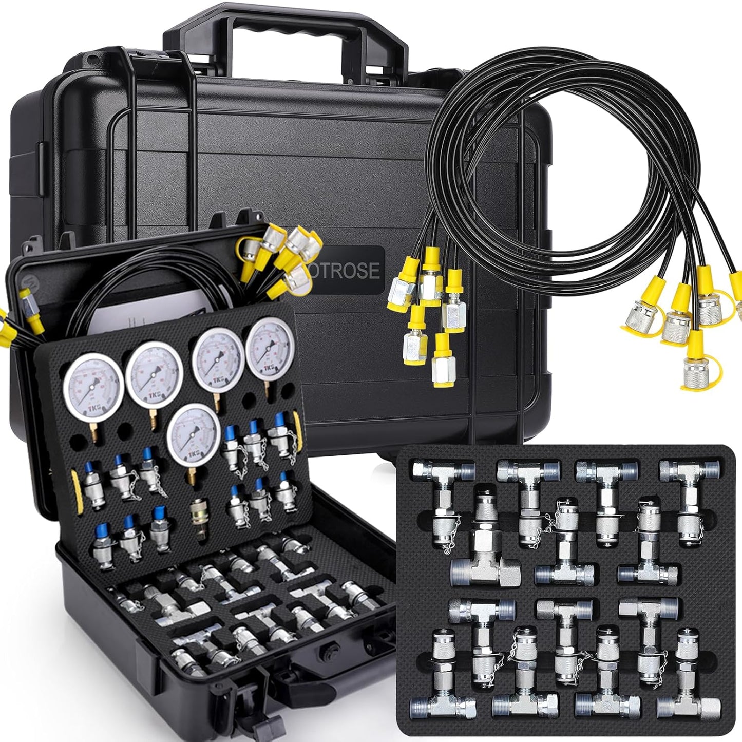 Kit de prueba de presión hidráulica, 600 bares/10000 psi/60 MPa, 5 calibradores, 13 acoplamientos de prueba, 14 conectores en T, 5 mangueras de prueba, kit de medidor de prueba hidráulica para