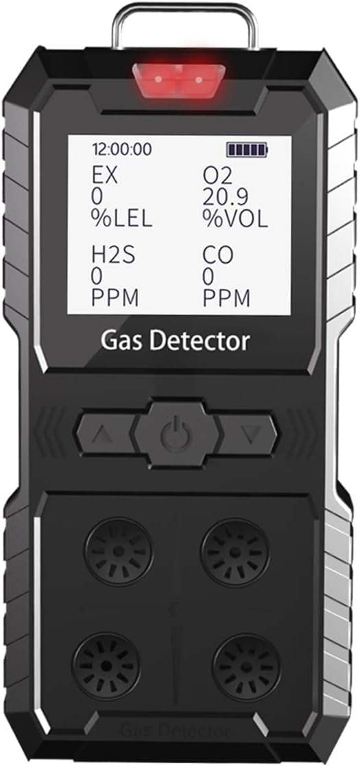 Detector de 4 gases, 4 monitores de gas portátil Detector de gas múltiple H2S, O2, CO y EX Pantalla LCD recargable Monitor H2s, sensor de calidad, medidor de gas de 13.1 ft (negro)