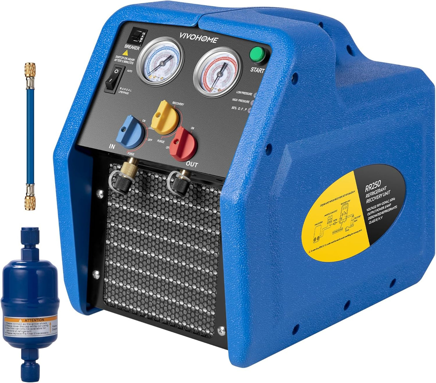 VIVOHOME R1234yf R32 3/4 HP Máquina de recuperación de refrigerante portátil sin aceite, unidad de reciclaje de freón HVAC para refrigerante líquido de vapor, aire acondicionado de coche