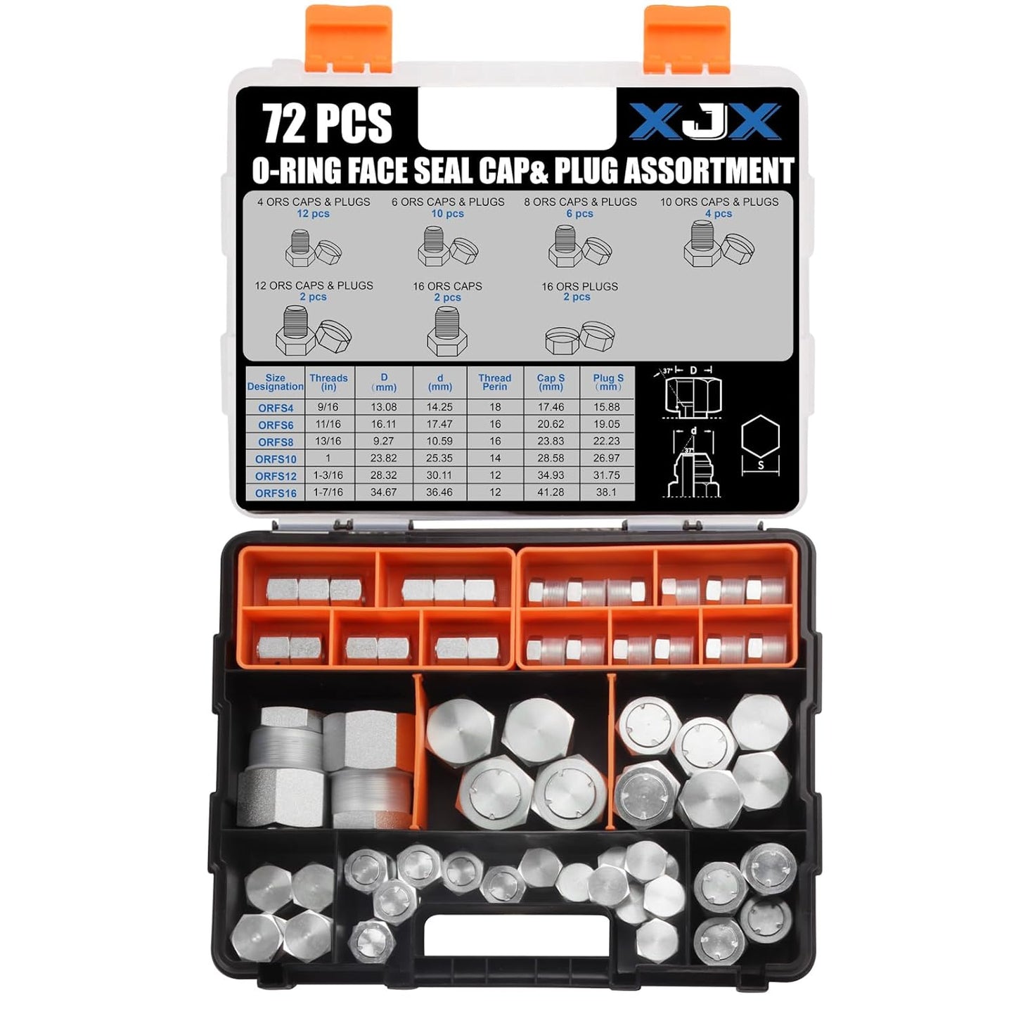 XJX - Juego de 72 tapas y enchufes ORFS, kit de tapones y tapones de manguera hidráulica 45# juego de accesorios de tubería de acero con roscas de precisión