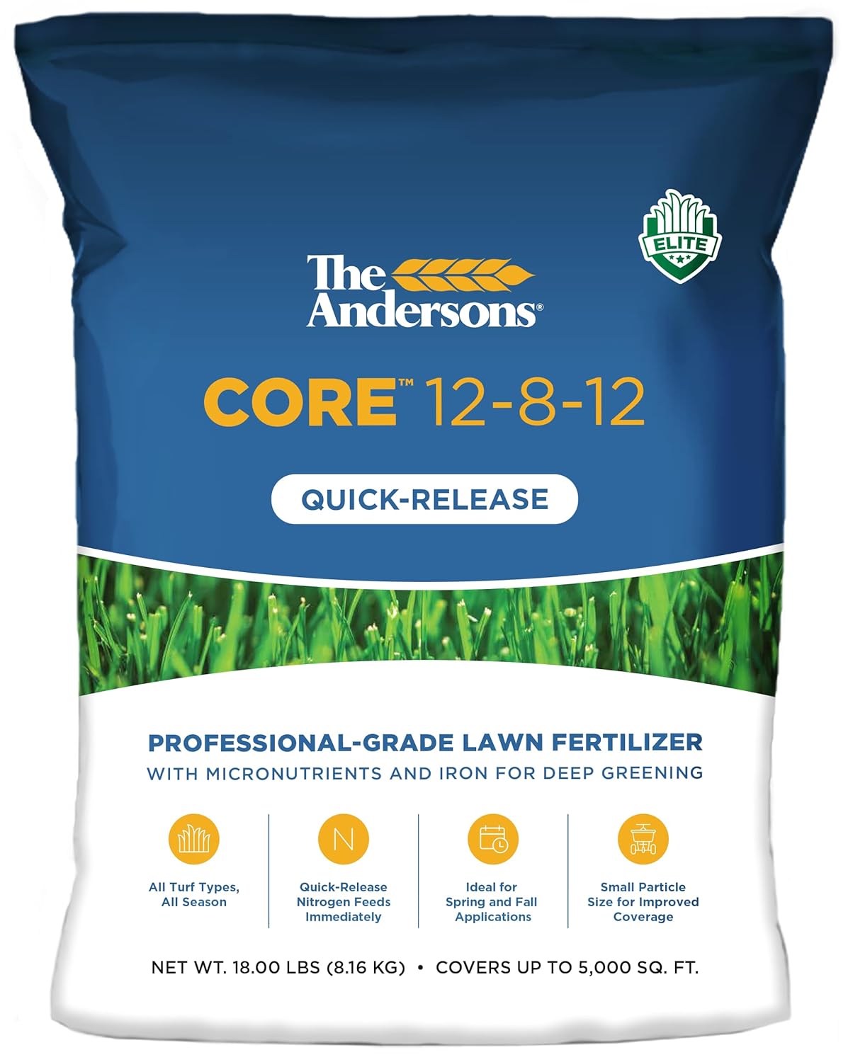 The Andersons Core 12-8-12 Fertilizante de césped de liberación rápida de grado profesional, 18 libras, cubre hasta 5,000 pies cuadrados.