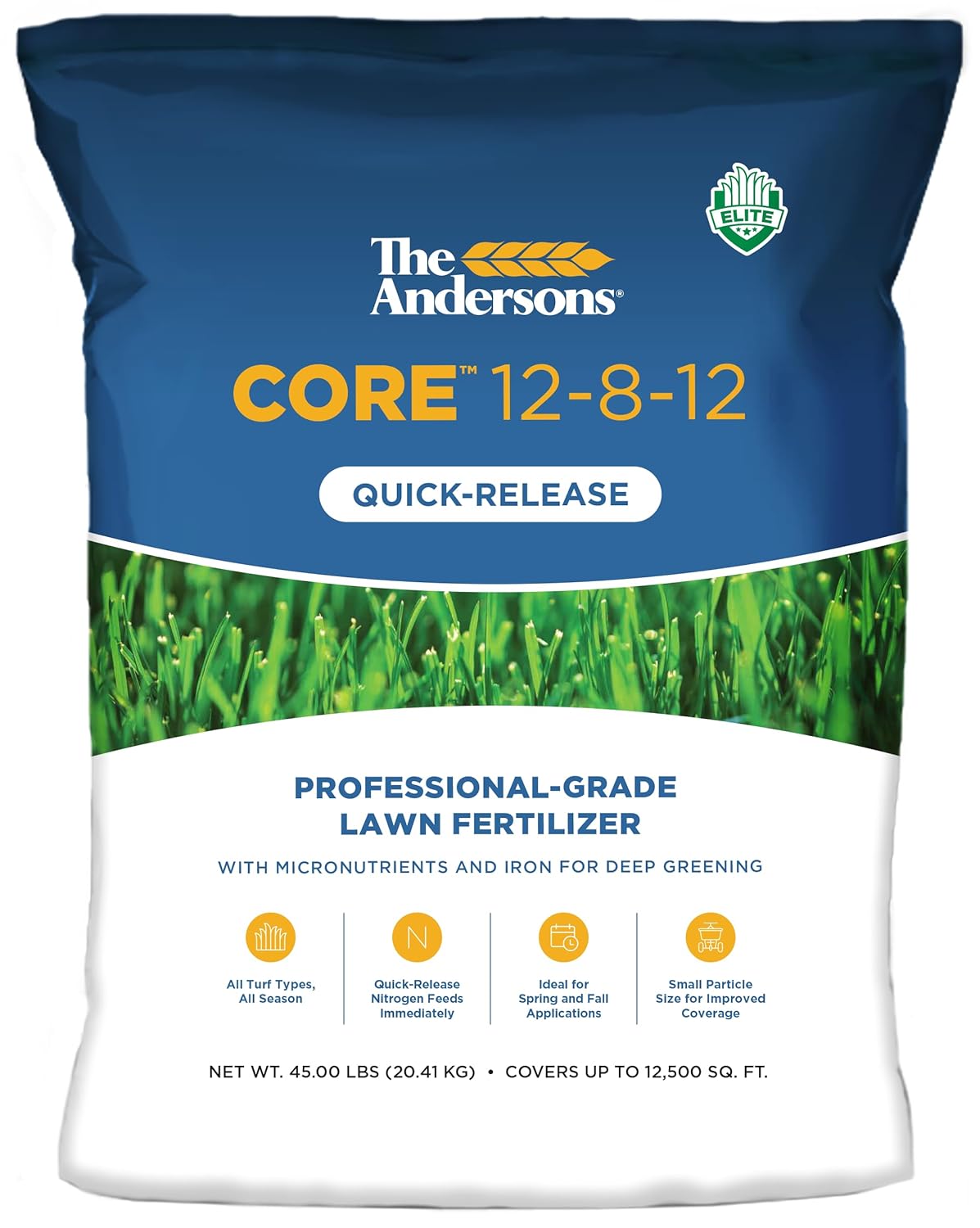 The Andersons Core 12-8-12 Fertilizante de césped de liberación rápida de grado profesional, 18 libras, cubre hasta 5,000 pies cuadrados.