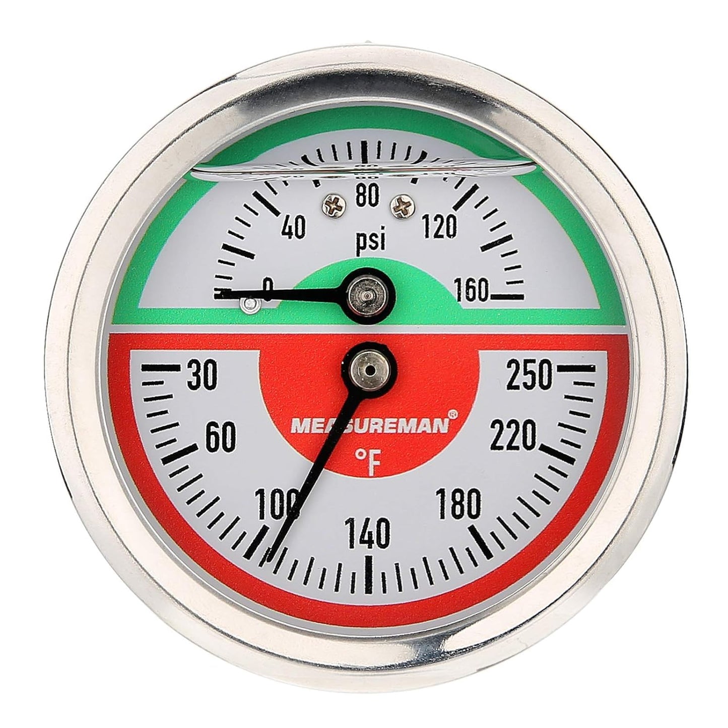 Measureman Tridicador, termo-manómetro, 2-1/2 pulgadas, relleno de aceite de silicona, 0-160 psi/30-250 grados F, caja de acero inoxidable, medidor de presión de montaje inferior NPT de 1/4 pulgadas