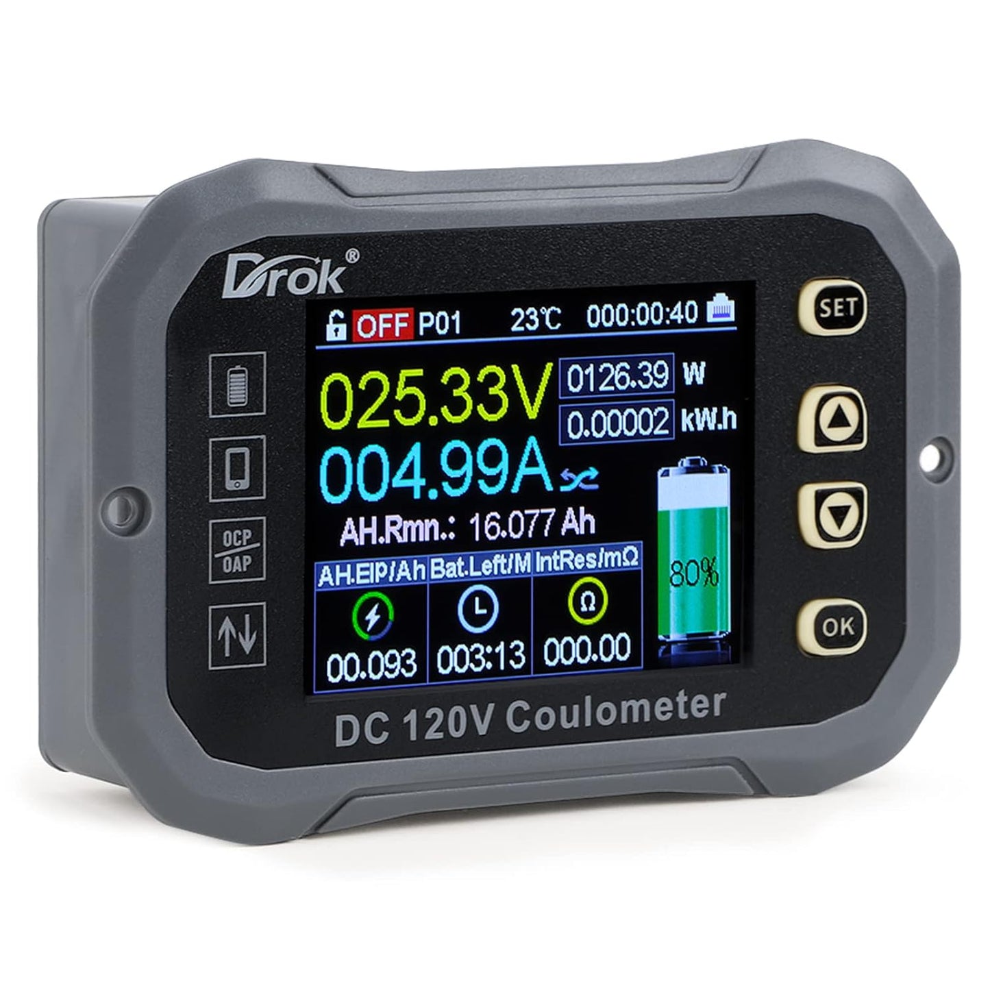 DROK - Multímetro de carga y descarga, 0-120 V 100 A CC voltímetro acoplador, control de aplicación de teléfono celular, monitor de batería LCD, voltaje, temperatura, capacidad de potencia, monitor de