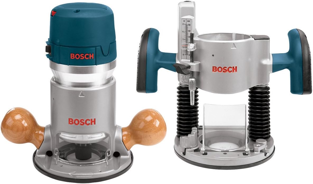 BOSCH 1617EVSPK - Kit combinado de herramientas de enrutador de madera de 12 amperios - Enrutador de inmersión de 2.25 caballos de fuerza y base fija con una velocidad variable