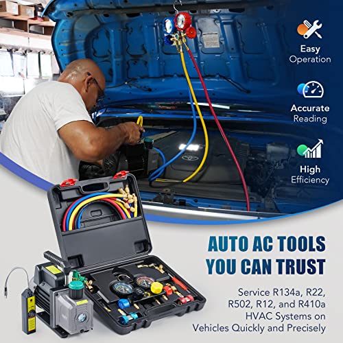 Orion Motor Tech Bomba de Vacío de CA con Manómetros, Bomba de Vacío de 4.5cfm y Juego de Manómetros de Colector de 4 Vías con Detector de Fugas para Refrigerante R134a, R22 o R410a (4.5 CFM&4 Way)