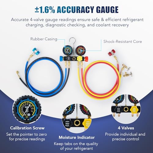 Orion Motor Tech Bomba de Vacío de CA con Manómetros, Bomba de Vacío de 4.5cfm y Juego de Manómetros de Colector de 4 Vías con Detector de Fugas para Refrigerante R134a, R22 o R410a (4.5 CFM&4 Way)