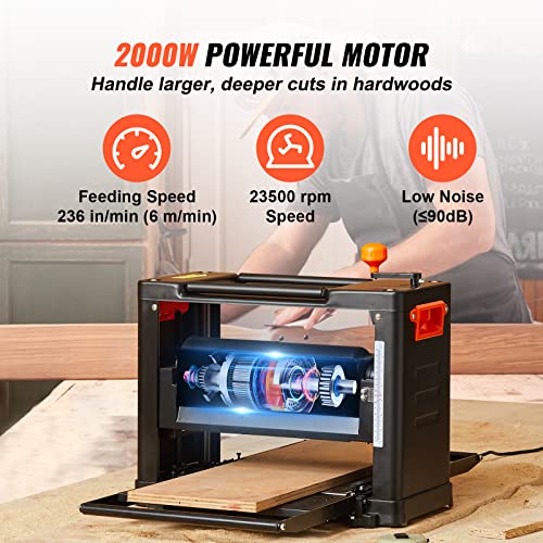 VEVOR Cepilladora de espesor, dos velocidades, cepilladora de mesa de trabajo de 13 pulgadas de ancho, tres cuchillas, potente motor de 15 amperios y 2000 W, mesa de alimentación extendida de 12