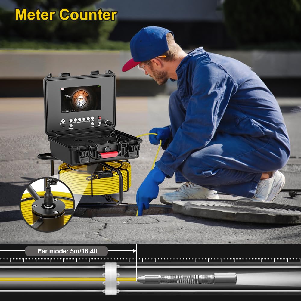 Cámara de alcantarillado con 512Hz Sonde autonivelante, cámara de inspección de tuberías con grabadora DVR, endoscopio con contador de medidor, 12 luces LED para fontanería de 66 pies/65.6 ft (tarjeta SD de 16 GB incluida)