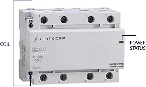 Contactor IEC de 500 V (modelo delgado) de 100 amperios 4 polos, bobina de 110/120 VAC, carga del motor 60 A y carga de iluminación 100 A, incluye riel DIN de aluminio de 35 x 203,20 mm y tornillos Phillips 2#10