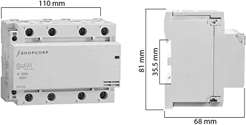 Contactor IEC de 500 V (modelo delgado) de 100 amperios 4 polos, bobina de 110/120 VAC, carga del motor 60 A y carga de iluminación 100 A, incluye riel DIN de aluminio de 35 x 203,20 mm y tornillos Phillips 2#10