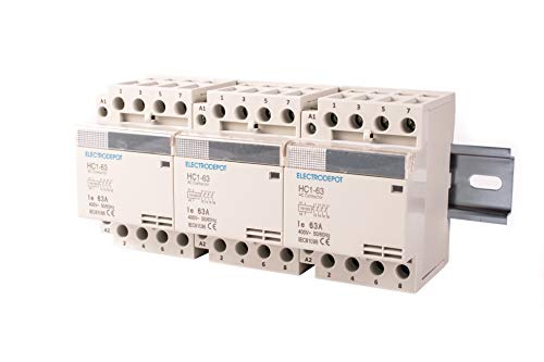 Electrodepot 40 Amp 12 polos (4 polos x 3) Bobina normalmente abierta, 110-120 VCA (funcionamiento silencioso), carga del motor 40 A y carga de iluminación 63 A paquete de contactor con carril DIN de 8 cm y 2 tornillos número 10