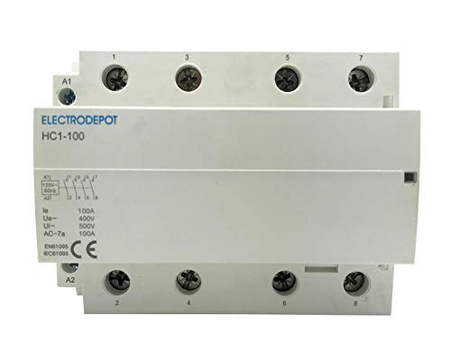 Electrodepot - Contactor IEC 500V (90 Amp, 4 polos, normalmente abierto, modelo delgado, bobina 220VAC, inductivo 60A, resistivo 100A, con base de montaje para carril DIN)