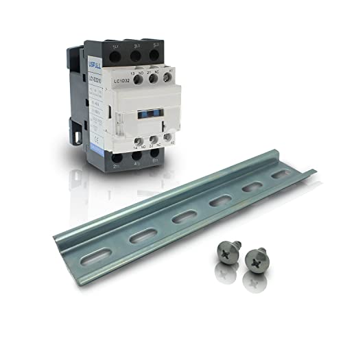 Contactor, bobina de 110-120 V, carga del motor 32 A, iluminación 40 A, paquete de 50 A con riel DIN chapado en zinc de acero ranurado, 35 mm x 6 pulgadas, 1 pieza con 2 tornillos número 10