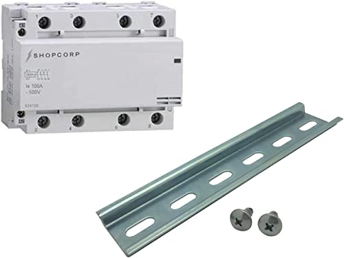 Contactor IEC de 500 V (modelo delgado) de 100 amperios 4 polos, bobina de 110/120 VAC, carga del motor 60 A y carga de iluminación 100 A, incluye riel DIN de aluminio de 35 x 203,20 mm y tornillos Phillips 2#10