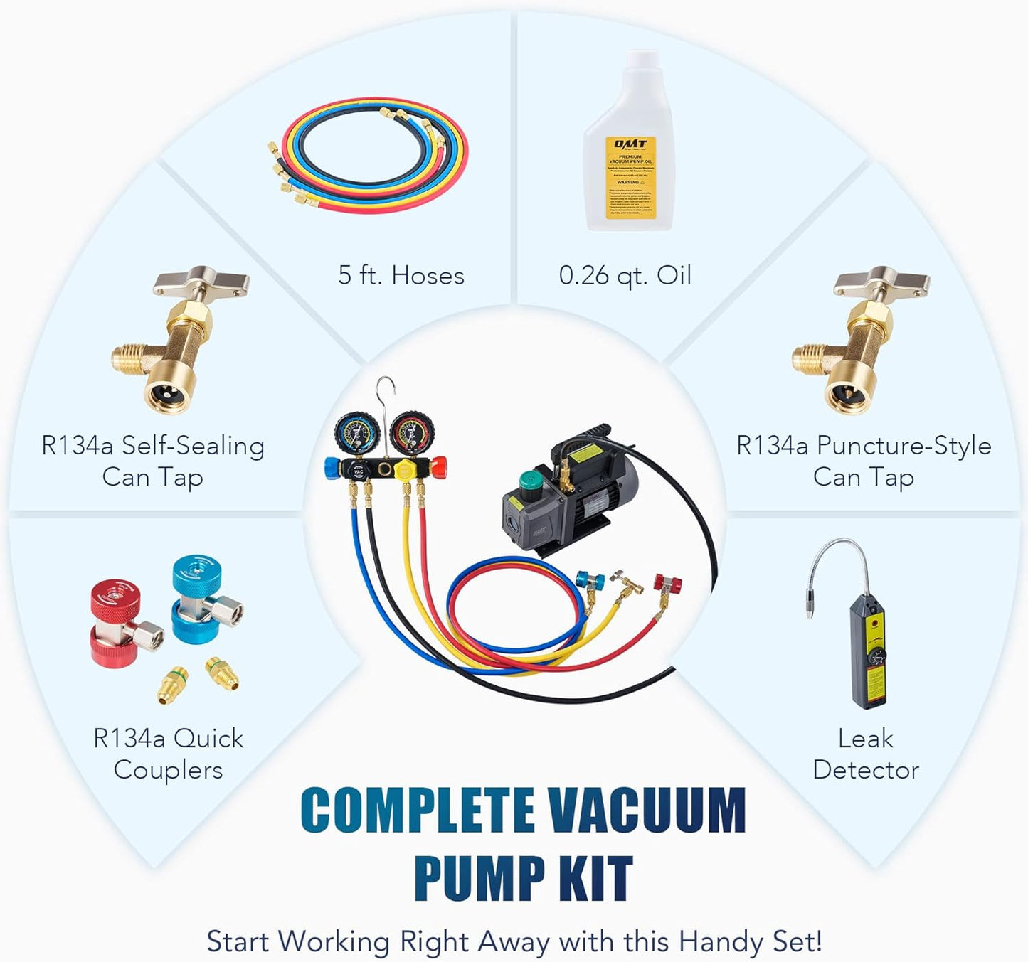 Orion Motor Tech Bomba de Vacío de CA con Manómetros, Bomba de Vacío de 4.5cfm y Juego de Manómetros de Colector de 4 Vías con Detector de Fugas para Refrigerante R134a, R22 o R410a (4.5 CFM&4 Way)