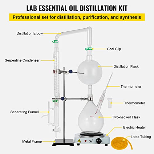 VEVOR Kit de destilación de aceites esenciales de 2 litros, kit de destilación de cristalería de laboratorio, purificador de destilador de agua con condensador de estufa caliente S35 y juntas 24 o 40