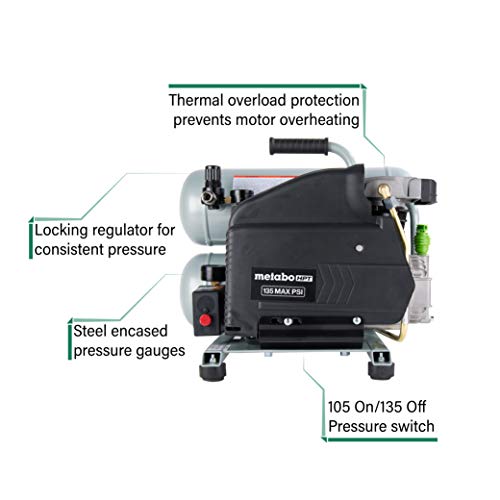 Metabo HPT Compresor de aire, 4 galones, eléctrico, doble pila, portátil, hierro fundido, bomba lubricada con aceite, 135 PSI, garantía de 1 año (EC99S)