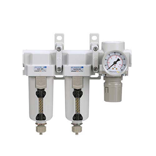PneumaticPlus SAU430-N04G-MEP Sistema de secadora de filtro de aire comprimido de 3 etapas, filtro de aire de partículas, filtro de aire coalescente, combo de regulador de presión de aire comprimido, NPT de 1/2 pulgada - cuenco de metal, drenaje manual