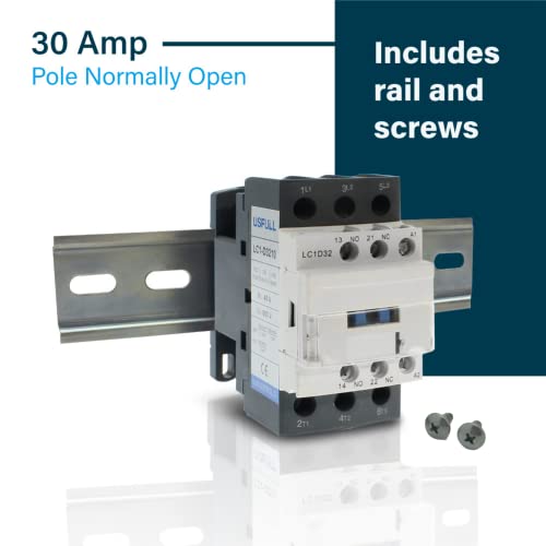 Contactor, bobina de 110-120 V, carga del motor 32 A, iluminación 40 A, paquete de 50 A con riel DIN chapado en zinc de acero ranurado, 35 mm x 6 pulgadas, 1 pieza con 2 tornillos número 10