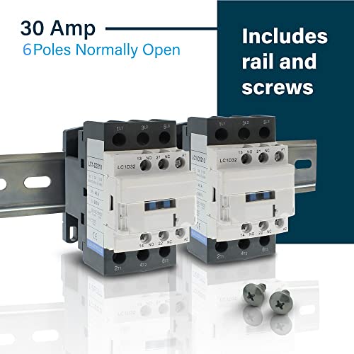 30 amperios, 6 polos (3 polos x 2) normalmente abiertos y auxiliares 1NO-1NC, bobina de 110-120VCA, carga del motor 32A y carga de iluminación 50A paquete de contactores con riel DIN, 35 x 150 mm y tornillos 2#10