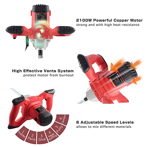 2100W eléctrico de mano de hormigonera,portátil mezcladora de cemento taladro agitador con varilla para mezclar lechada pintura mortero yeso,ajuste de 6 velocidades 110V(Certificado por UL)