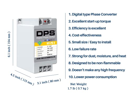 Convertidor monofásico a trifásico, modelo MY-PS-3, apto para motores trifásicos de 2HP (1,5 kw) 6 amperios 200-240 V, un DPS tiene que usarse solo para un motor